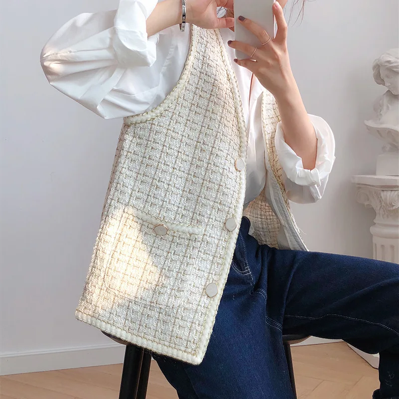 HLHPYHB Женский Золотой Шелковый Полосатый твидовый в клетку жилет пальто женский Твист Край майки жилет верхняя одежда топы Осенние знаменитости Свободный жилет