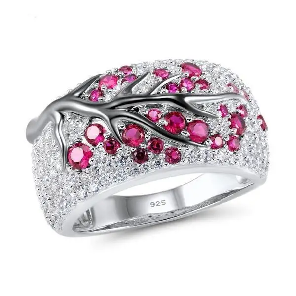 

Exquisite Women White Gold Color Pink Plum Tree Branch Blossom Bridal Jewelry Anniversary Promise Proposal Rings