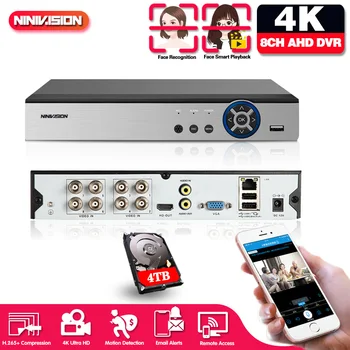 NINIVISION 8CH 4K AHD DVR AI H.265 하이브리드 8 메가픽셀 NVR 디지털 비디오 레코더, 2MP 4MP 5MP 8MP AHD TVI CVI XVI IP 카메라용