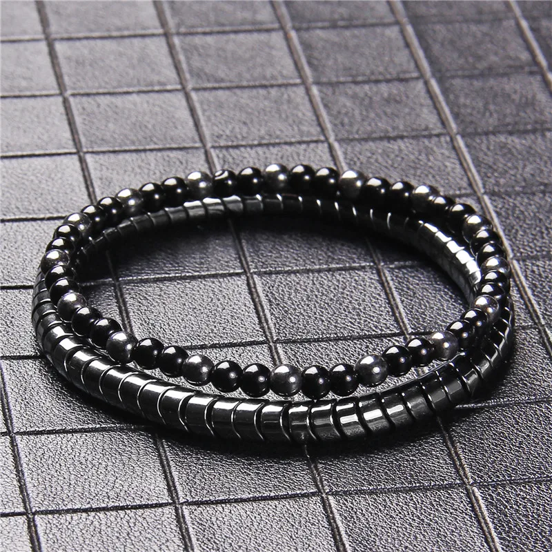 2Pcs/Set Black Hematite Bracelets For Men Women Weight Loss Natural Stone Stretch Health Care Bracelet Magnetic Therapy Jewelry