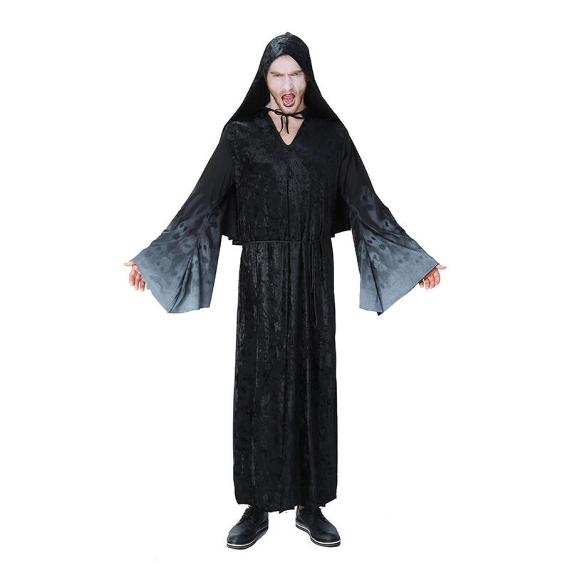 Adult Men Halloween Black Gothic Costume Scary Skeleto Wicca Cosplay Vampire Wizard Long Hoodie Robe Gown Joker Outfit Plus Size