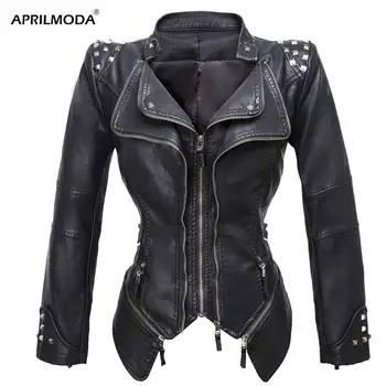 

Women Spring Black Punk coat Black Plus Size 6XL Motorcycle Jacket Outerwear faux leather PU Jacket Gothic faux leather coats