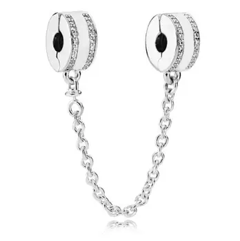 

Original 925 Sterling Silver Charm Insignia With Crystal Safety Chain Clip Beads Fit Pandora Bracelet & Bangle DIY Jewelry