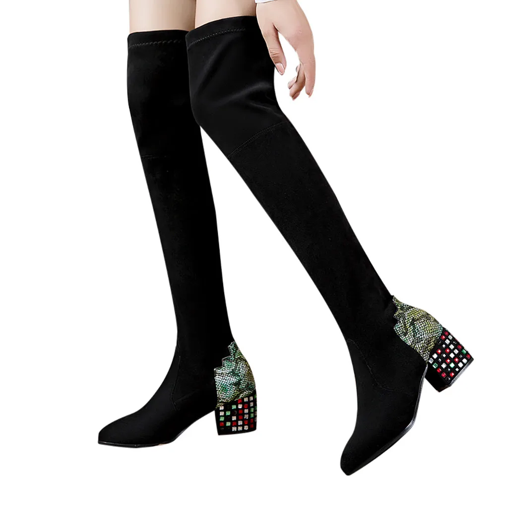 Сапоги выше колена из эластичной ткани и замши модные сапоги без застежки с острым носком и змеиным рисунком обувь на квадратном каблуке Женские винтажные сапоги