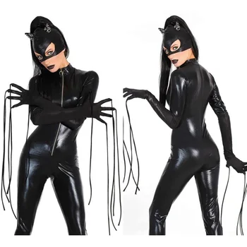 

Women Black Faux Leather Catsuit Sexy Catwoman Costume Cat Cosplay Jumpsuit For Children Educational Toys Birthday Gift - XL M