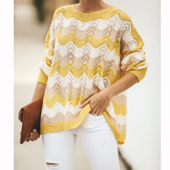 

2019 Autumn Ladies Casual Sweaters O Neck Sripe Loose Knitted Sweaters Top Womens Fashion Casual Long Sleeve Pullover Sweaters