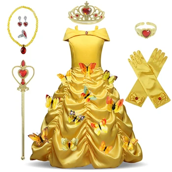 

12 PCS Butterflies and The Beast Dress for Girl Off Shoulder Yellow Sexy Belle Princess Party Cosplay Costume Kids Party Clothes