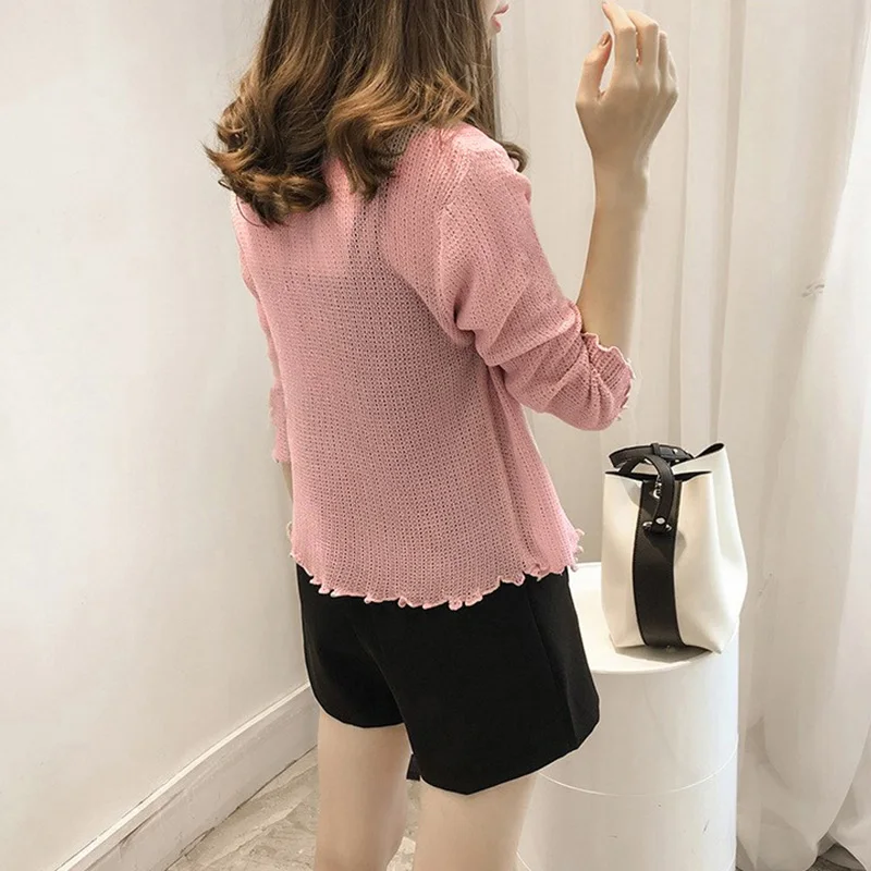 Casual Top Women Blouse V Neck Cropped Sleeve Thin Short Openwork Soft Knitted Sunscreen Shirt Coat Female Tops Cozy Blouses 2