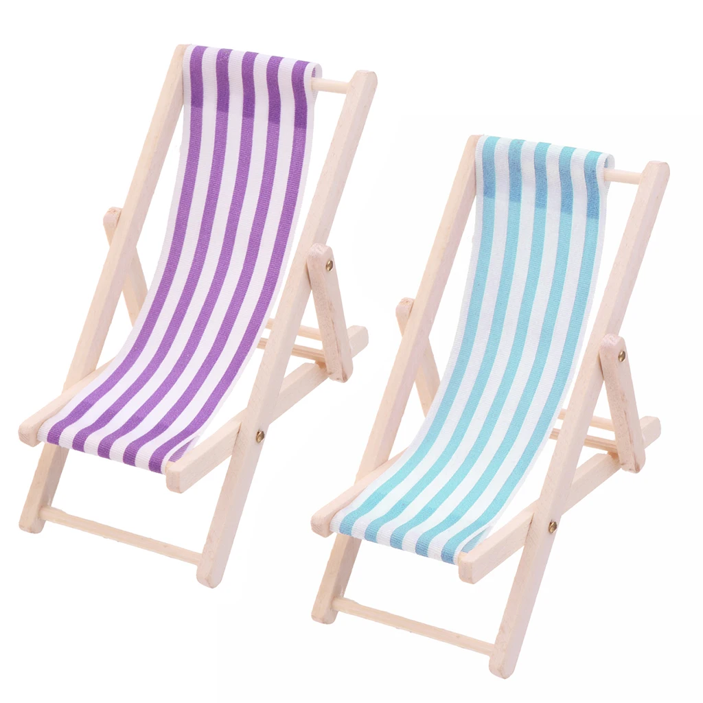 2 Pieces Striped Wooden Lounge Chair Deckchair for 1/12 Dollhouse Miniature Furniture Kids Toys