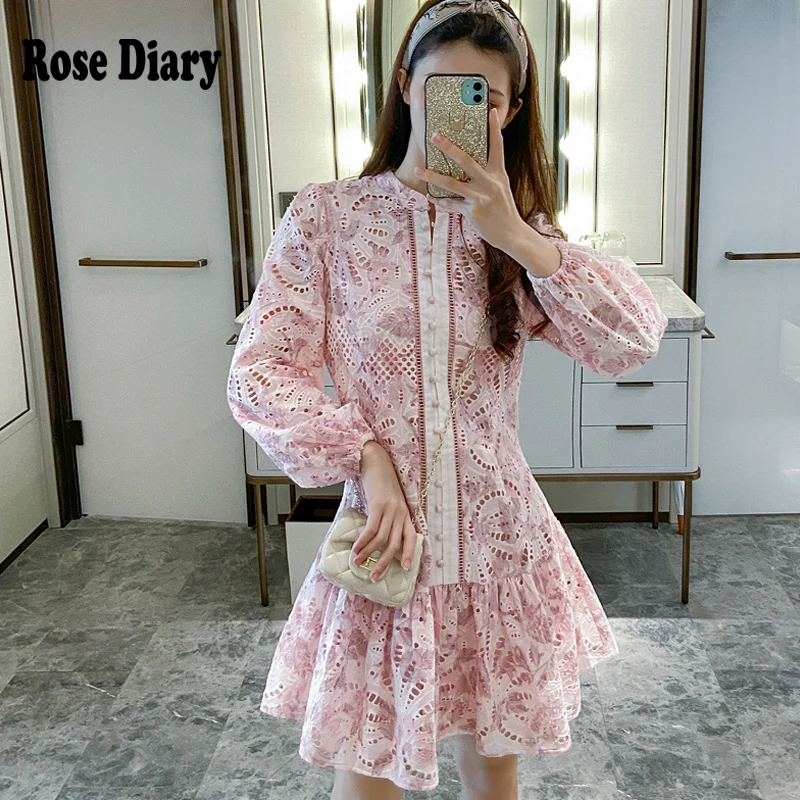 RoseDiary Vintage Sweet Egirl Hollow Cut Out Pink Mini Dress Street Chic Button Gathered Hem Casual Short Robe Courte | Женская одежда