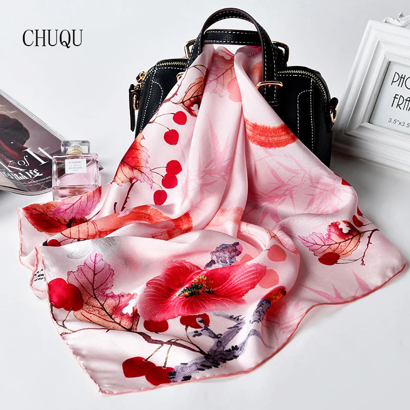  100% Real Silk Small Square Neck Scarf ladies Red Floral Print Pure Silk Neckerchief Luxury Brand H