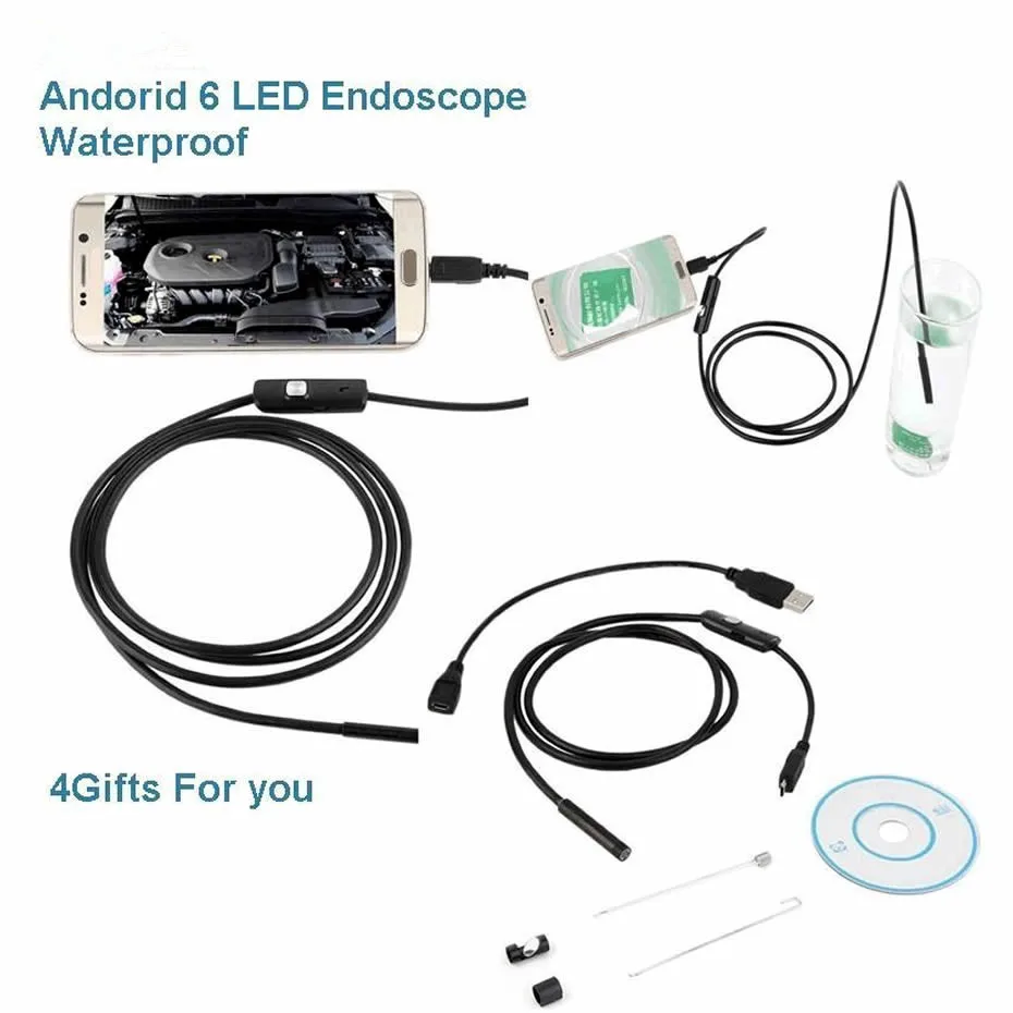 7 мм эндоскоп камера 2 в 1 USB мини-видеокамеры IP67 Водонепроницаемый 6 светодиодный бороскоп Инспекционная камера автомобиля для Android PC