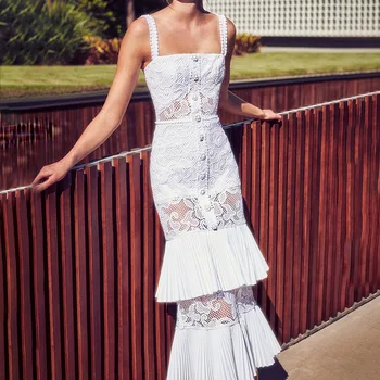 

Summer Sexy Spaghetti Strap Mid-calf Party Dress 2019 Women Elegant Ruffled White Lace Midi Designer Dress Runway Dress