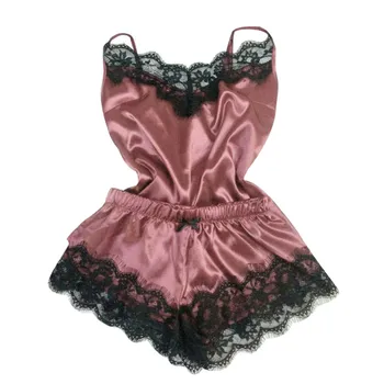 

New Women Bow Sleepwear Sleeveless Strap Nightwear Lace Trim Satin Cami Top Sets femme sexy lingerie pyjamas women 2020