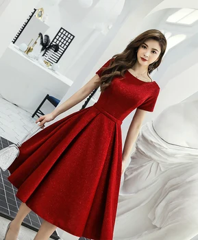 

New Arrive Wine red Short Sleeve Zipper Back VELOUR O-Neck Tea Length Evening Dresses Party Gown Vestido De Festa Prom Gowns