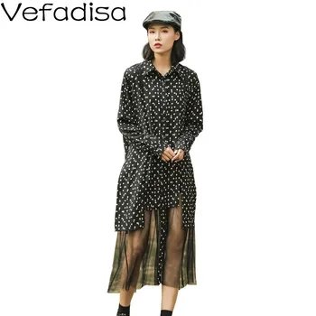 

Vefadisa Mesh Patchwork Dot Print Women Dress 2020 Spring Casual Stand Collar Long Sleeve Blouse Dress Irregular Black QYF2044