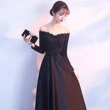 Банкетное вечернее платье женское стиль благородное черное с тонким видом сексуальное с открытыми плечами длинное дебютантное платье с длинным рукавом