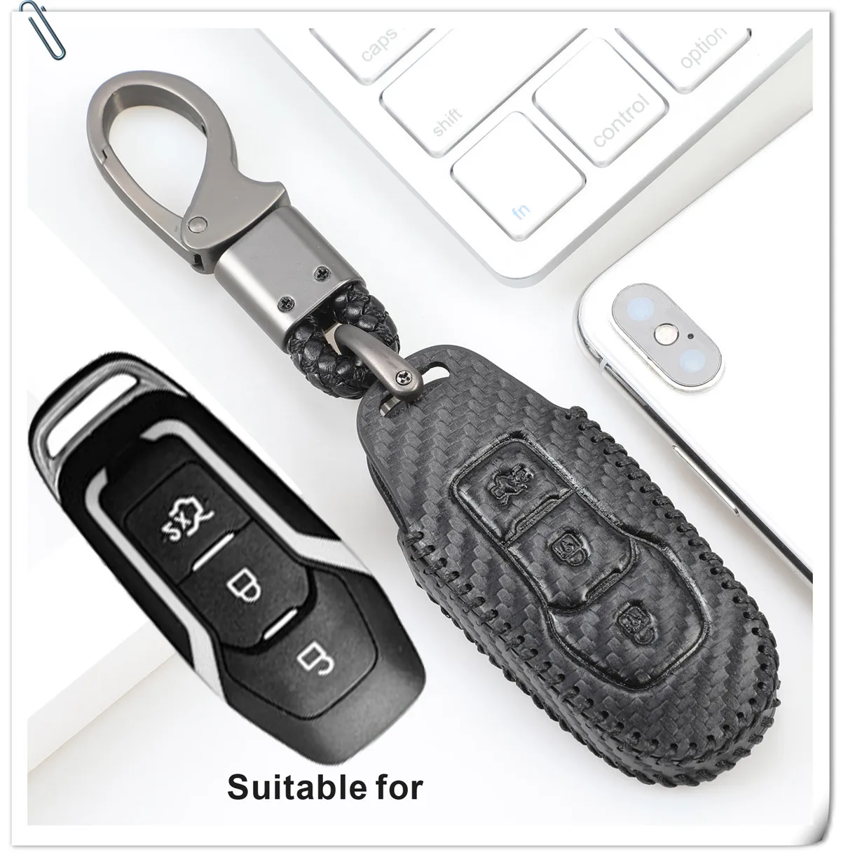 Custodia in pelle di carbonio per auto Smart Remote Key Case copertura protettiva per coperture chiave per Ford Edge Mondeo Mustang portachiavi portachiavi - H74143914e31e48268db8cce581b484d0R