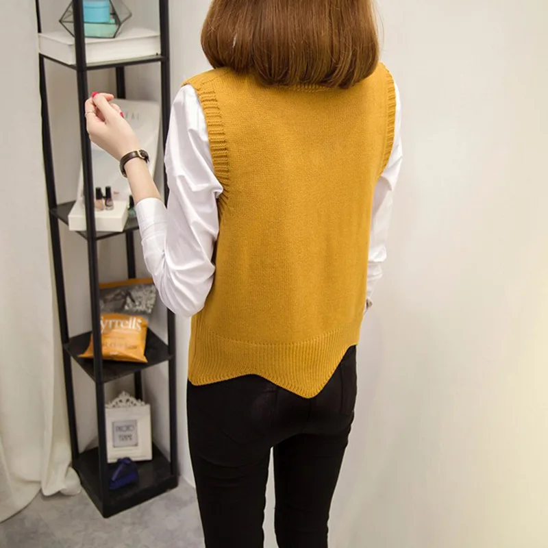 Женская мода свитер жилет осень свободный без рукавов v-образным вырезом свитер жилет женский короткий свитер жилет