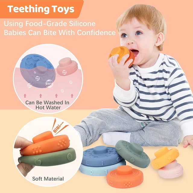 Silicone Teether For Baby 0 12 Months Rainbow Building Blocks Stacking Game For Kids 1 To 2 Year Baby Boy Grasp Blocks Cube Gift 2