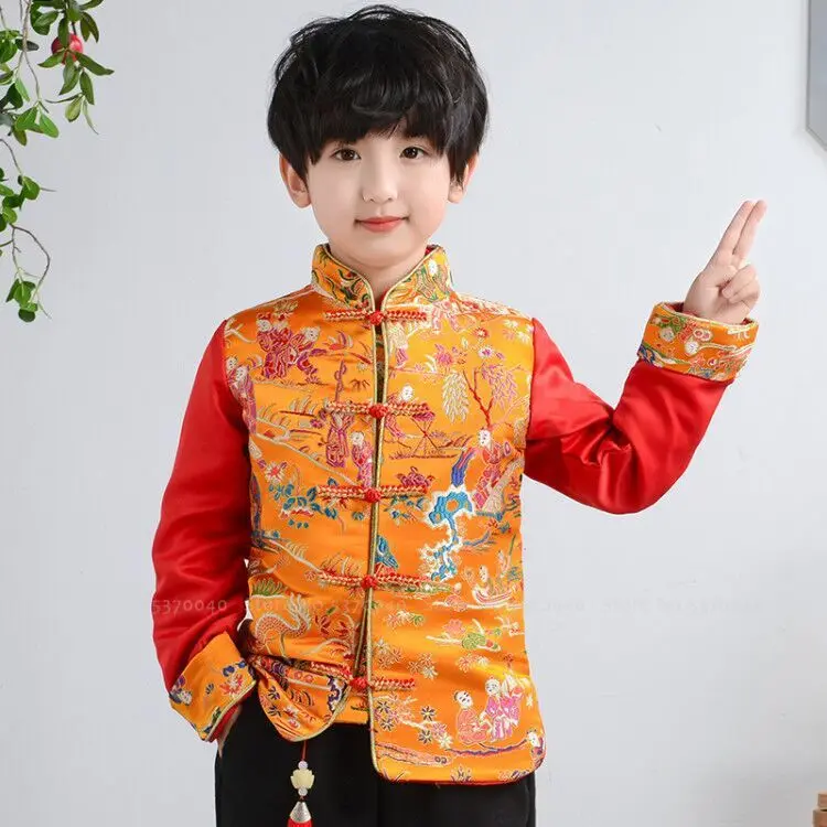 Китайский новогодний традиционный Детский костюм в стиле династии Тан; Ципао для девочек; платье принцессы на свадьбу; пальто Hanfu для маленьких мальчиков; Топ и штаны - Цвет: Оранжевый
