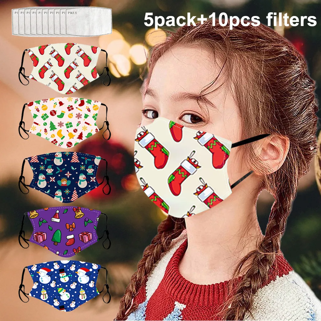 

Fast Delivery Christmas mask 5PCS Masks And 10Filter Children's Christmas Print Adjustable Windproof Reusable Face Mask Bandage