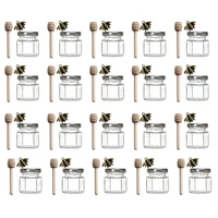 Hexagon Mini Glass Honey Jars with Wooden Dipper, Silver Lids, Silver Bee PendantsPerfect for Baby Showers, Wedding Favors 1