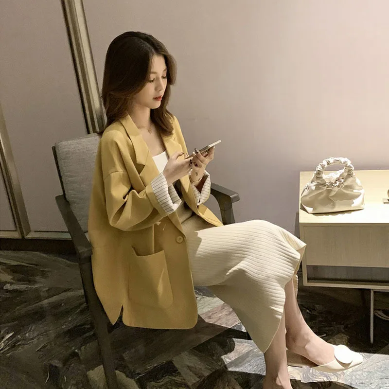 

2019 Autumn New Style Korean-style Yellow Retro Suit Jacket Women's Loose-Fit Versatile Tops CHIC Gentle Debutante-Style