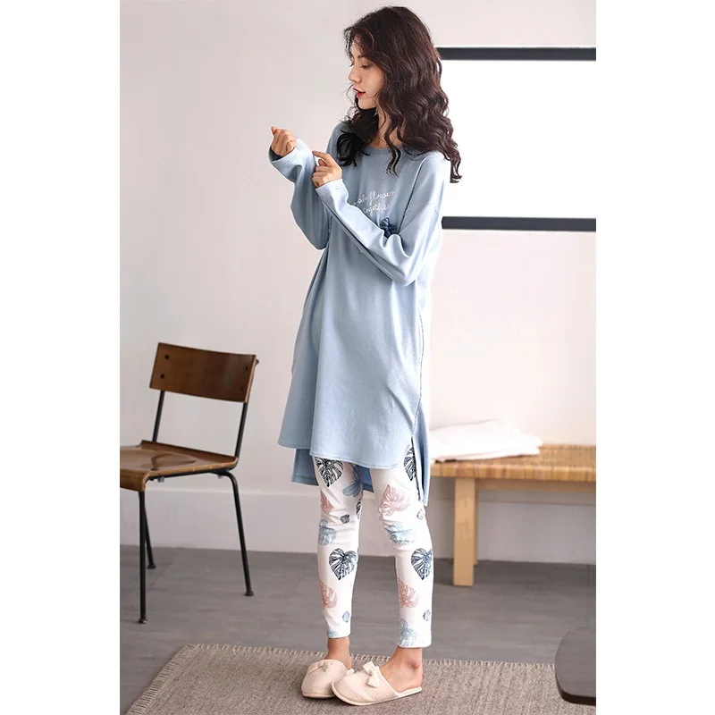 

2020 Women cotton home wear with long tops tight leave print pants spring autumn pyjama sets indoor clothing