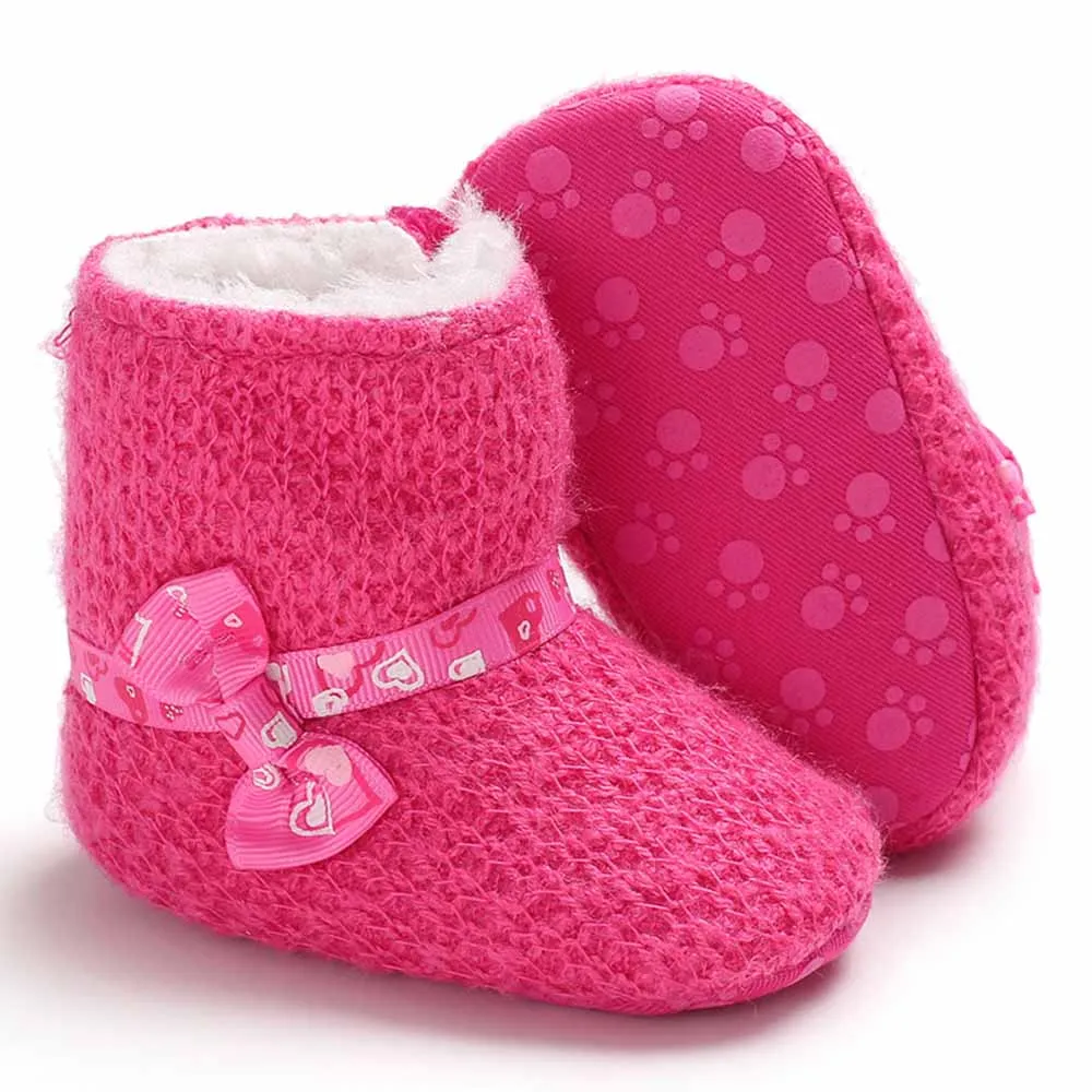 Winter Warm Knit Fleece Baby Shoes Beautiful Bowknot Ankle Snow Boots for Girl First Walkers Knot Anti-slip Toddler Princess