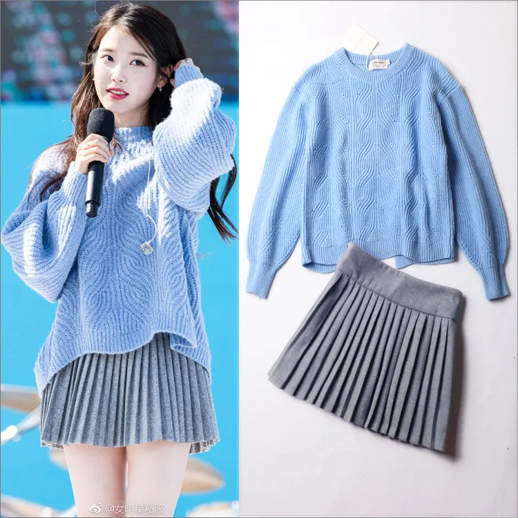 Kpop IU Lee Ji Eun same корейский Синий Свободный вязаный свитер с разрезом рукавами