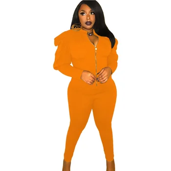

Sexy Skinny Two Piece Sweatsuit Women's Clothes 2020 Long Puff Sleeve Zipper Up Coat + Skinny Legging Autumn Casual Club Outfit