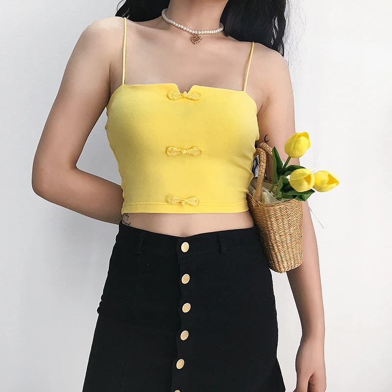 Weekeep китайский стиль Кнопка Camis сексуальный укороченный сарафан укороченный Топ Bodycon трикотажная кофточка Топы