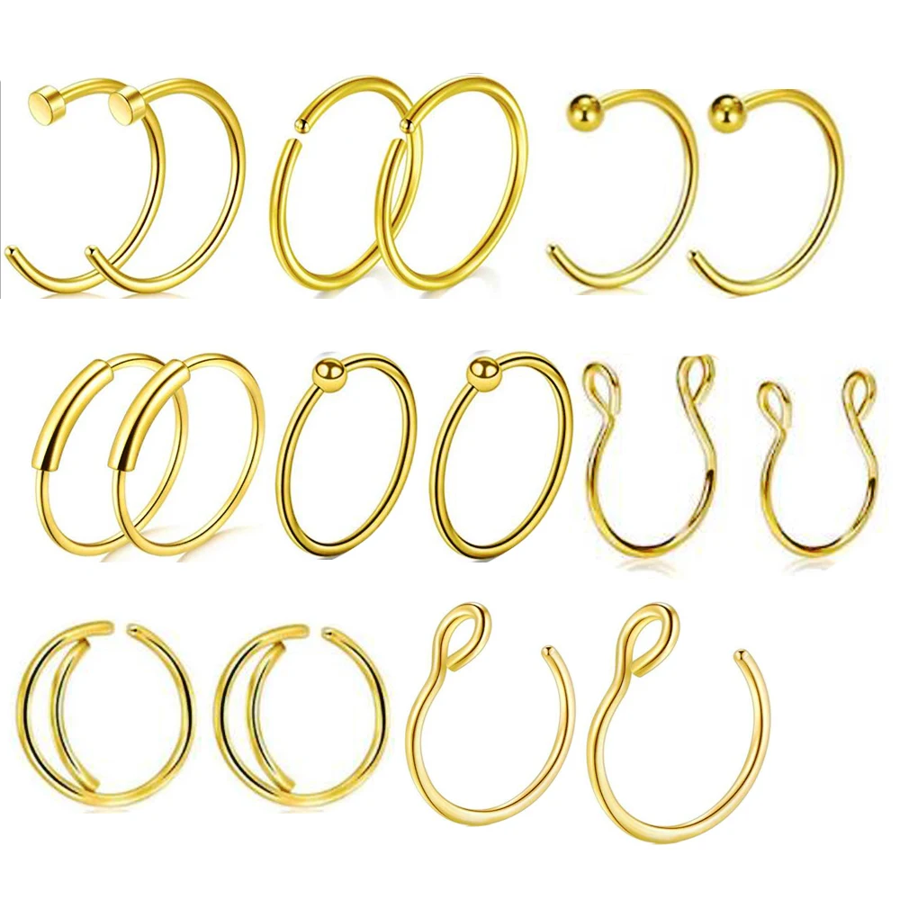 TIANCIFBYJS 3-16 шт 20 г стальное шарнирное кольцо-Кликер кольцо для пирсинга носа обруч для губ уха хряща поддельные зажим для носа серьги набор трагус - Окраска металла: GOLD 16PCS