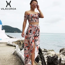 Bohemia 2 Piece Set Slash Neck Print Crop Top Femme High Waist Split Asymmetric Long Skirt Beach Plus Size 2 Piece Set Women