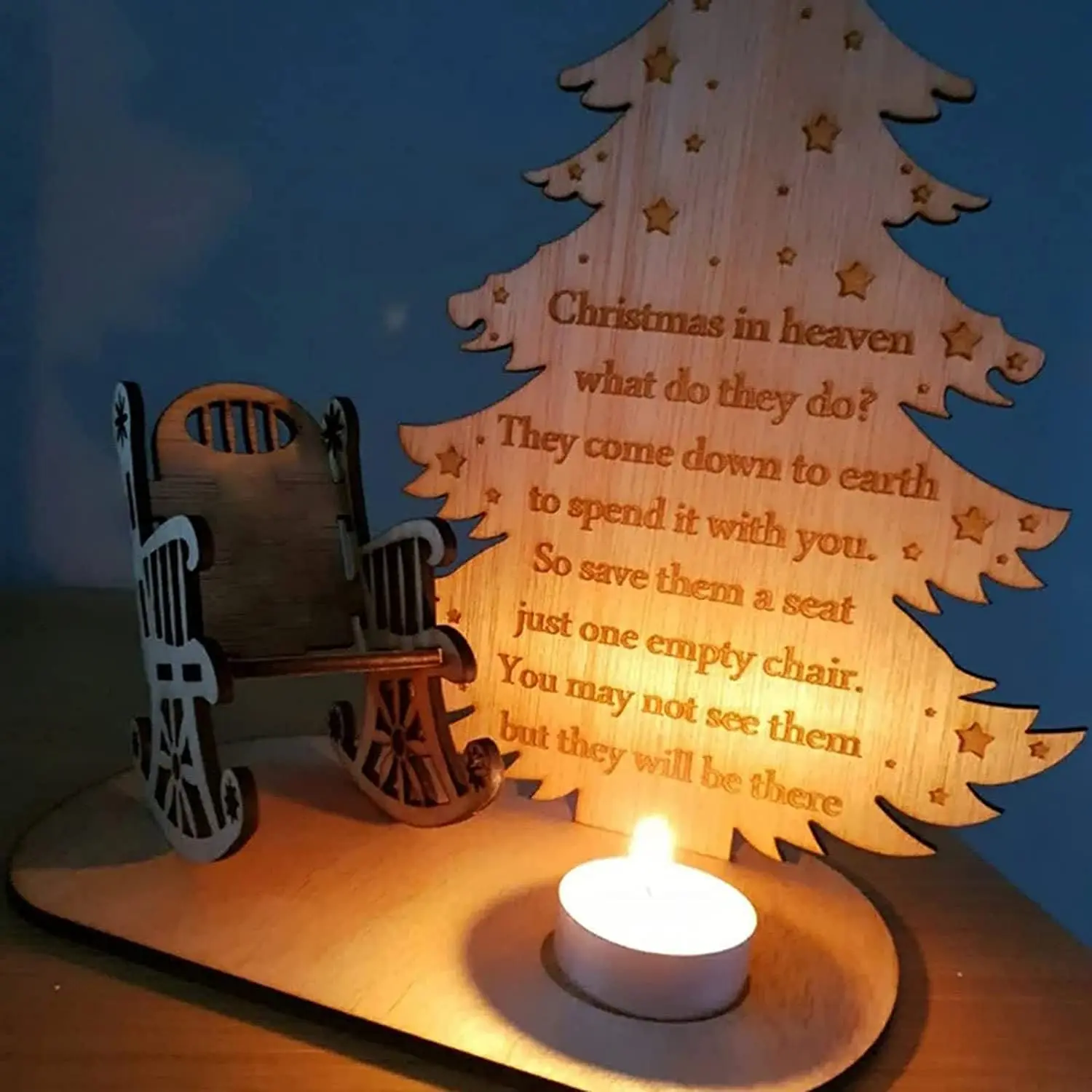 Christmas Remembrance Candle Holder Ornament to Remember Loved Ones Merry Christmas in Heaven Memory Tealight Candlestick Holders with Personalised Chair Christmas Wooden DIY Decoration