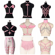 Бюстгальтер на бретельках, кожа, Розовый Готический пояс, грудь, бондаж, топ, пентаграмма, сексуальное нижнее белье, подтяжки, панк, регулируемый фестивальный рейв