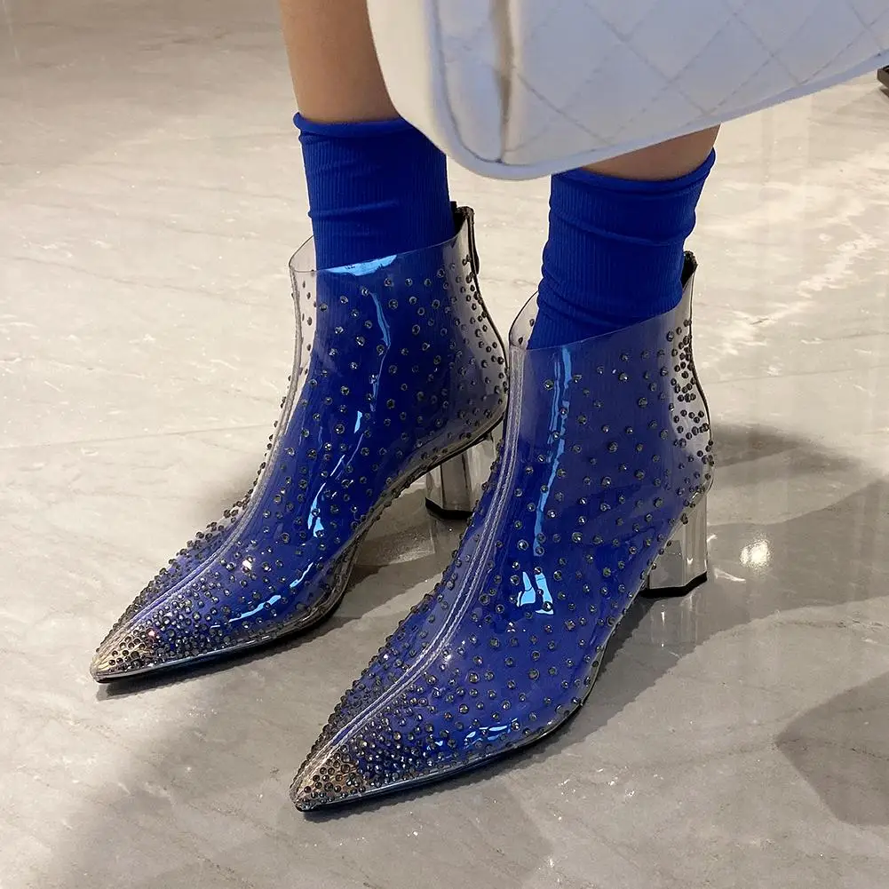 ALLEN Spring New Ladies High Chunky Heel Shoes Woman Pointed Toe Crystal Ankle Boots Women Brand Transparent Boots