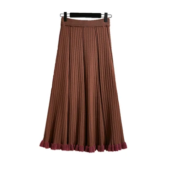 

warm Vintage Winter Women thick sweater skirt High Waist Pleate Midi knitted Skirt A-line please female elegant Skirts