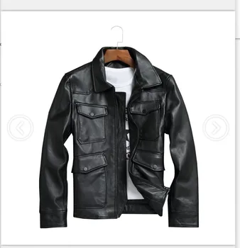 

Genuine Leather Clothes Men's Cowhide Fold-down Collar Short Slim Fit Biker Jacket plus Thick Cotton Coat Free Shipping