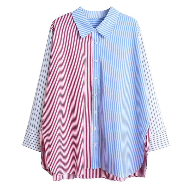 [EAM] Женская Полосатая разноцветная блуза большого размера, новая свободная рубашка с отворотом и длинным рукавом, модная весенняя Осенняя 1B352 - Цвет: sky blue