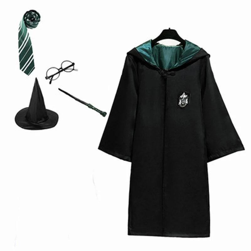 Халат накидка плащ с галстуком шарф палочка Поттер очки Ravenclaw Gryffindor Hufflepuff костюм Слизерин для взрослых Поттер новая одежда - Цвет: Slytherin full Set