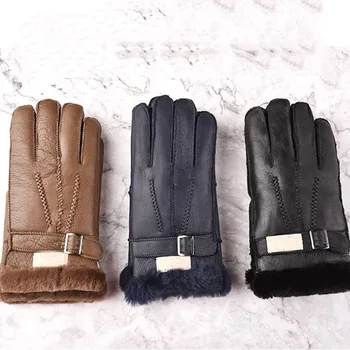 

Genuine Leather Fur Gloves Fashion Men Winter Autumn Thermal Wool Fleece Sheepskin Snow Mittens Outdoor Five Finger Wrist Gloves