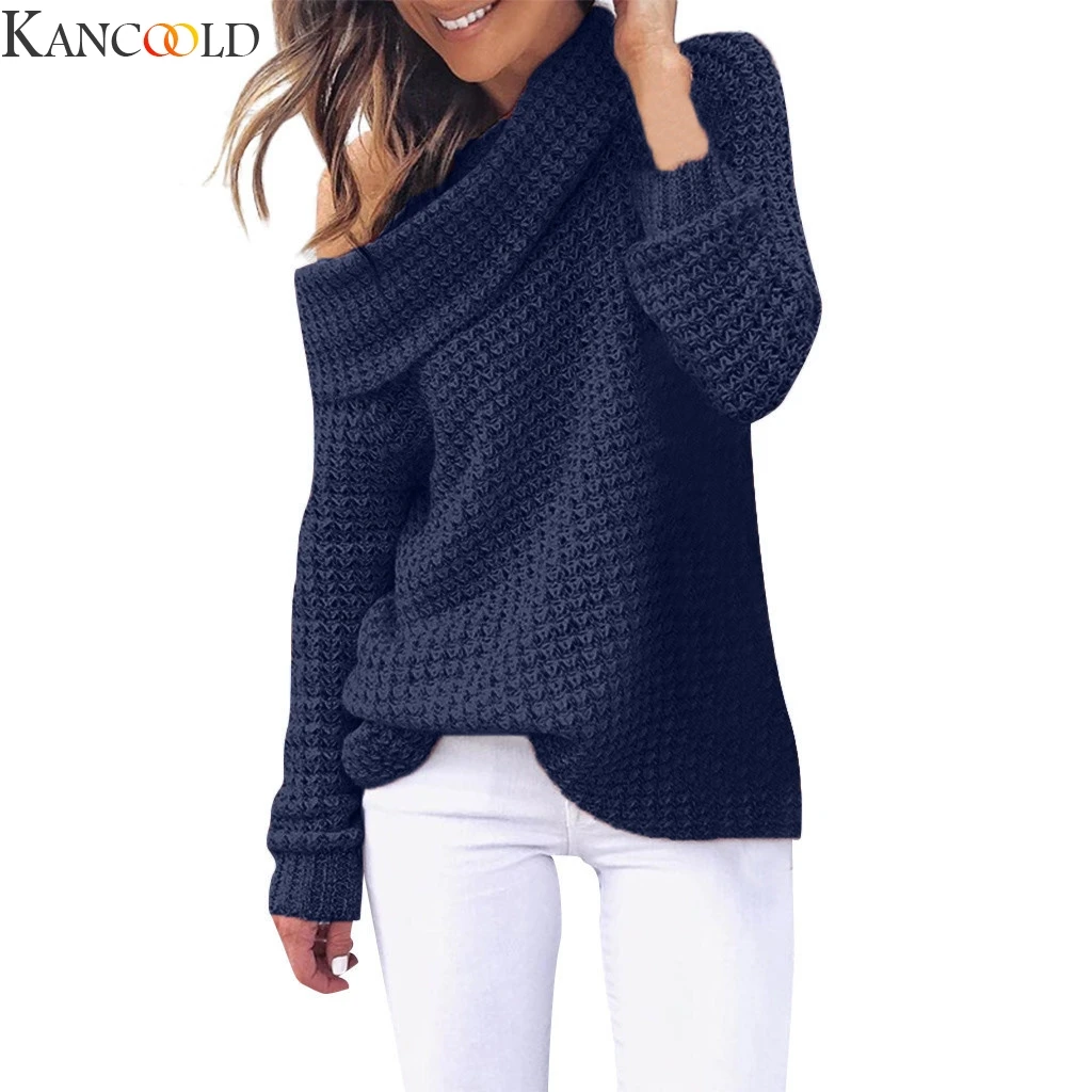 Фото KANCOOLD Women Sweater High Quality Off The Shoulder Knitting Casual Solid Long Sleeve Collar Pullover Jumper Street Style | Женская