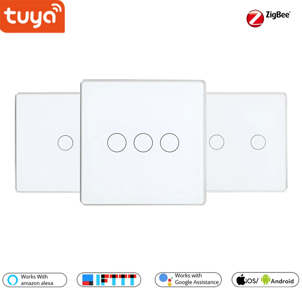 Tuya Smart Zigbee UK сенсорный настенный выключатель, 1/2/3-Gang светильник переключатель, голос Управление переключатель работы с Alexa Echo Google Home