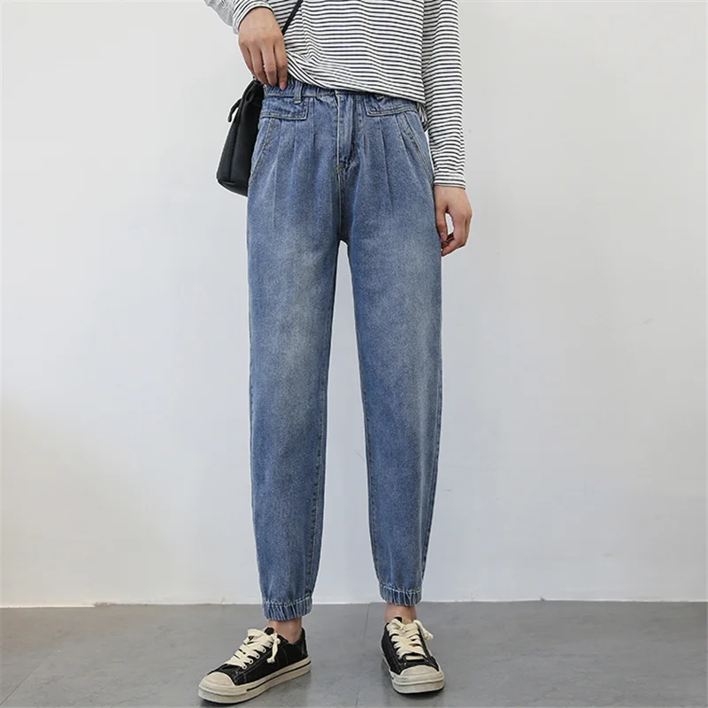 OMIKRON Plus Size Women High Waist Boyfriend Jeans for Women Mom Jeans Dropshipping New Cotton Blue Denim Pant Harem Pants