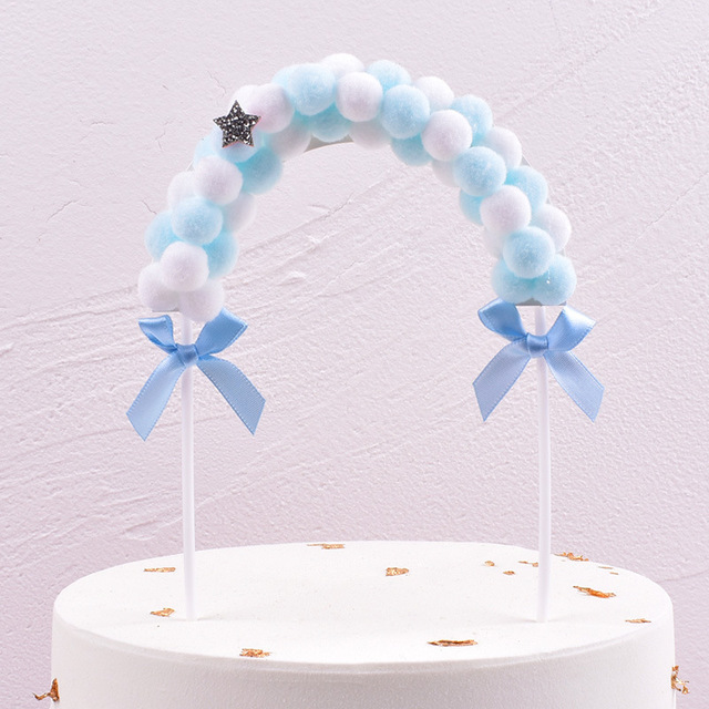 Pearl Bow Soft Pompom Cake Topper Flags Wedding Birthday Party Cake Decor Kids Baby Shower Favors Cupcake Topper Supplies