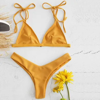 

Yellow Bikini Sexy Sling Swimwear Women Solid Bikini 2020 mujer Shoulder Bandage Swimsuit Bikini Beachwear maillot de bain femme