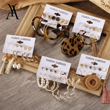 

Fashion Leopard Acrylic Drop Earrings Set Bohemian Geometric Pearl Rattan Tassel Dangle Earrings for Women Statement Jewelry