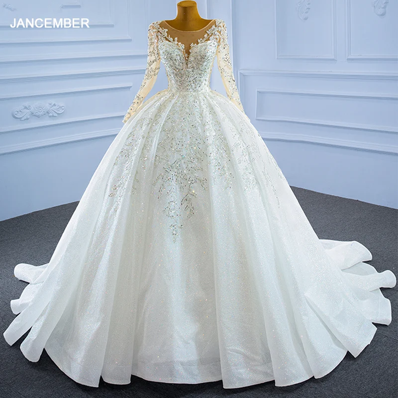J67257 JANCEMBER New Style White Shiny Rhinestone Bridal Wedding Dress Long Sleeve Transparent Sequined свадебное-платье 2021 1
